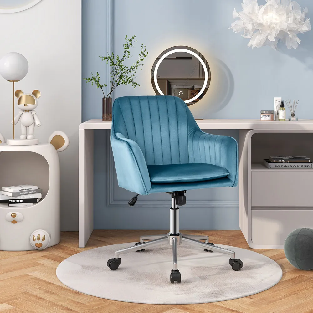 Adjustable Office Chair with Armrests - Blue, Velvet