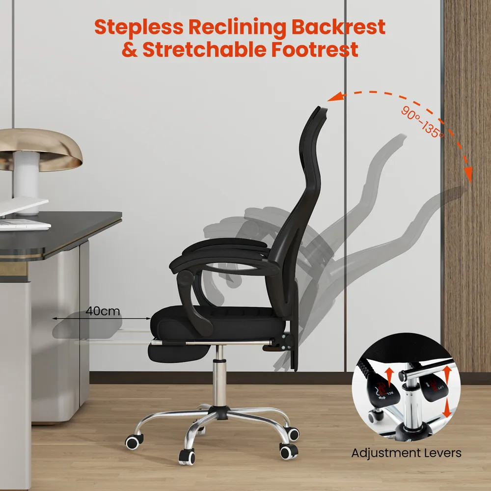 Adjustable Office Chair with Footrest - Black, Mesh