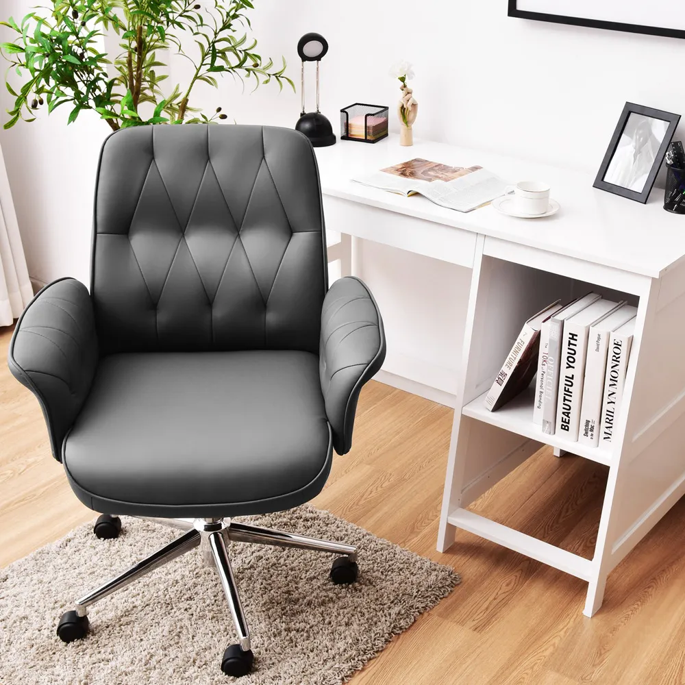 Adjustable Swivel Office Chair with Rocking - Grey, PU Leather