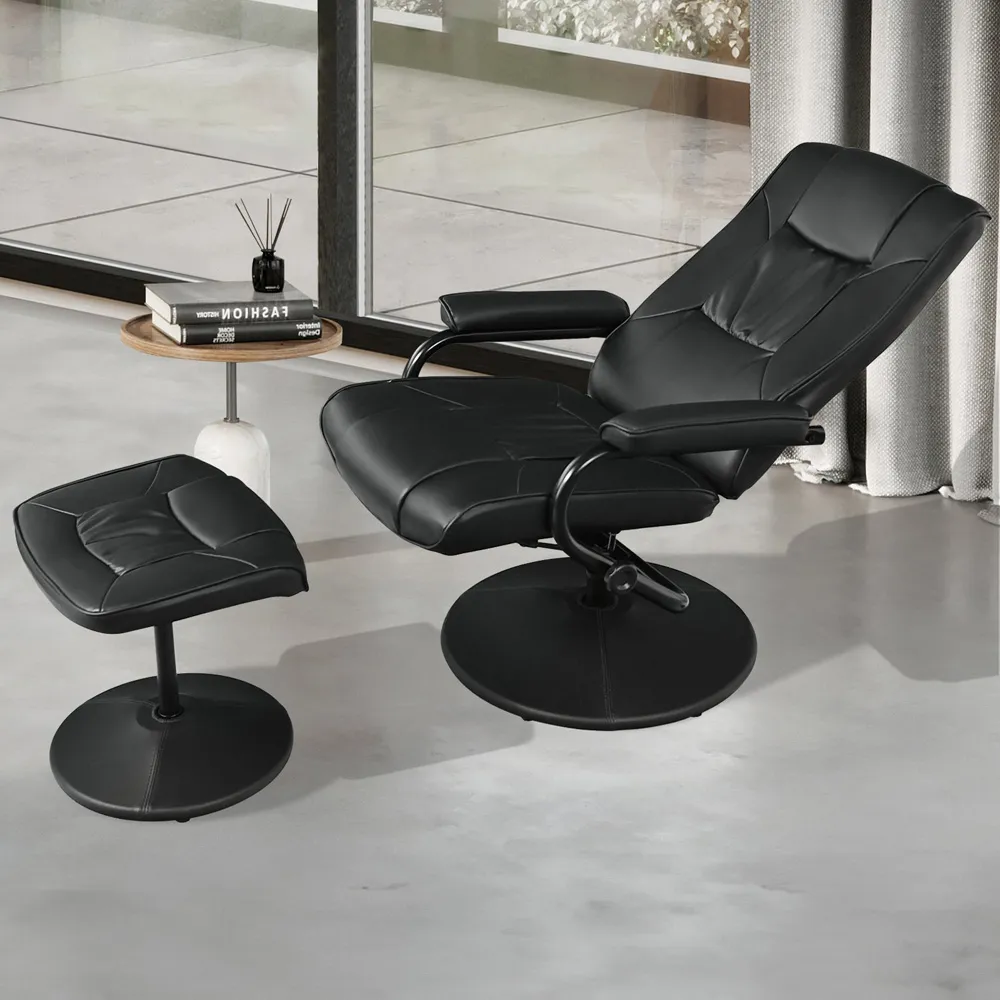 Adjustable Swivel Recliner Chair with Footstool - Black