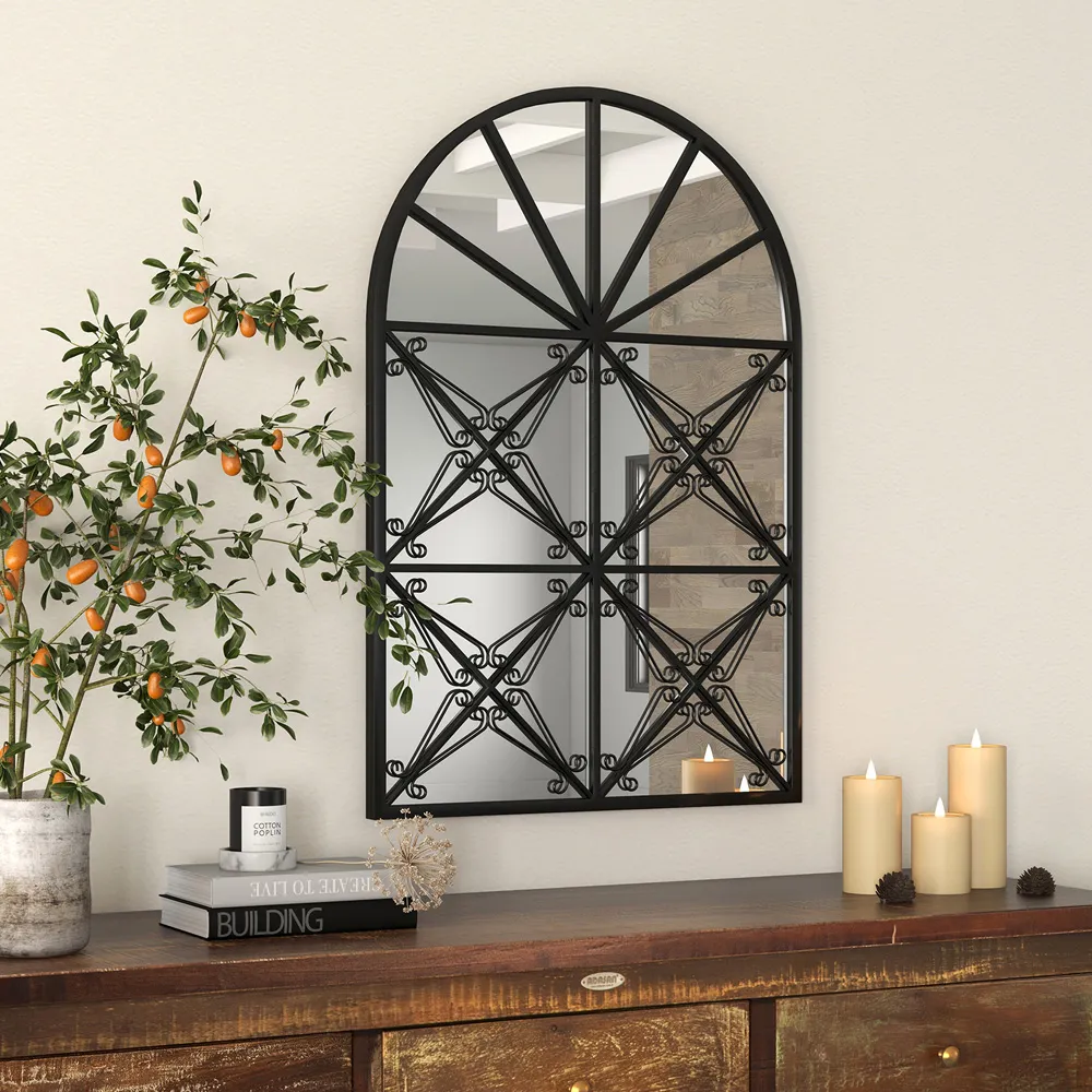 Arch Window Wall Mirror - Black, Metal