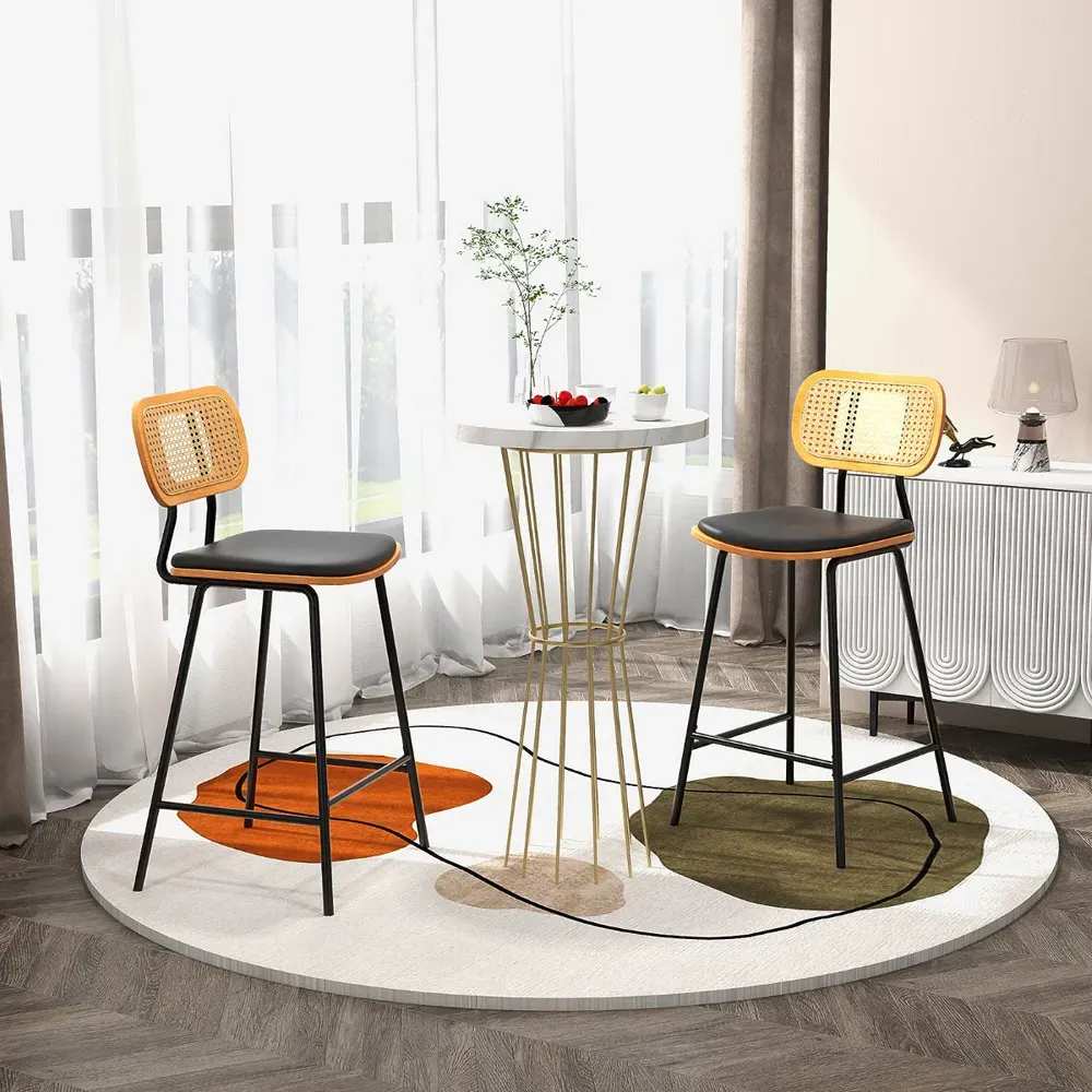 Bar Stool Set of 2 - Black, Rattan