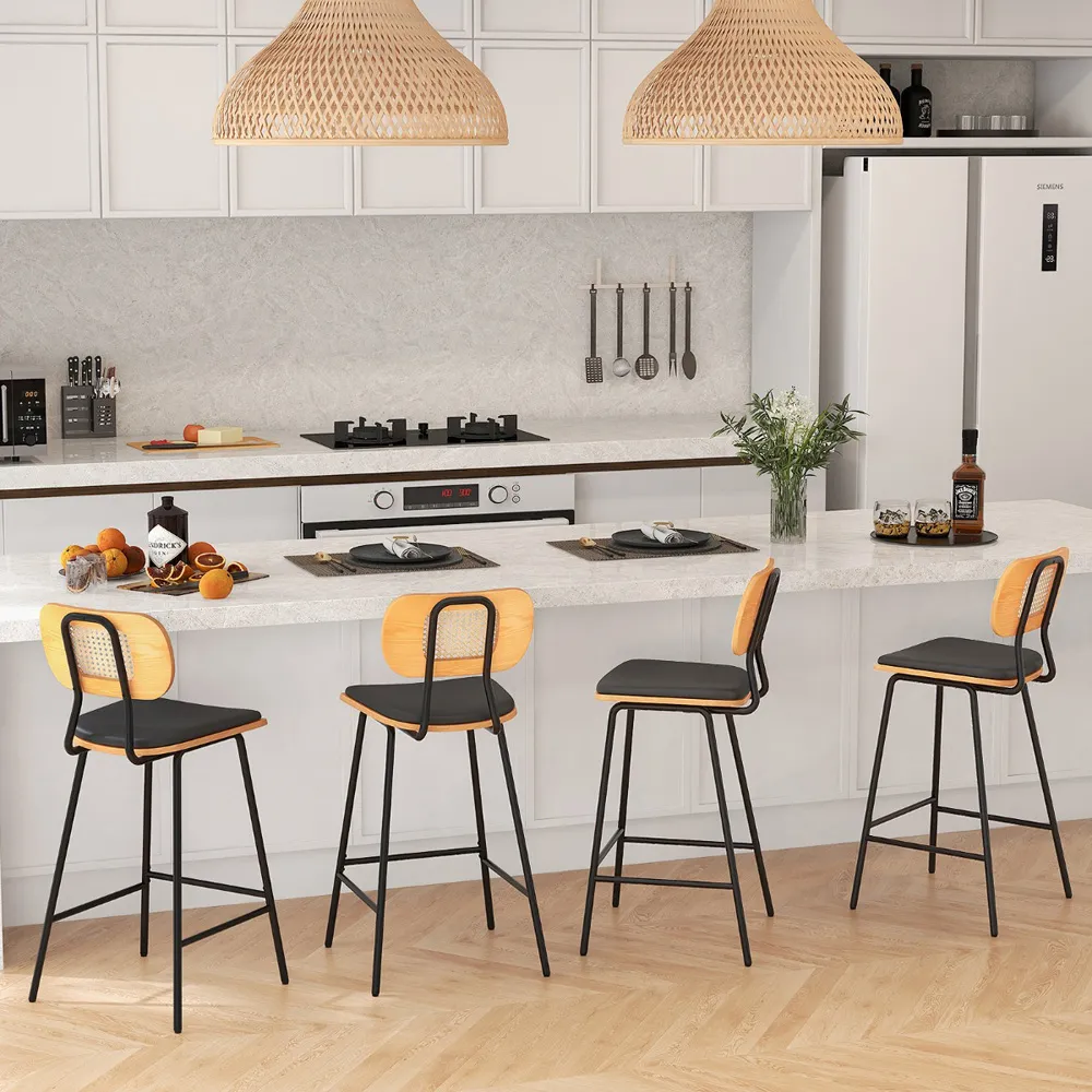 Bar Stool Set of 2 - Black, Rattan