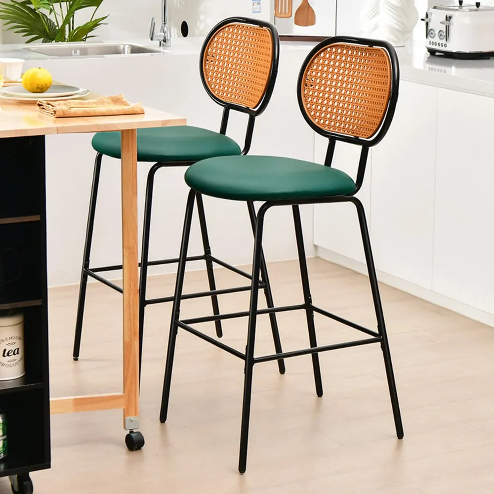Bar Stool Set of 2 - Green, PU Leather