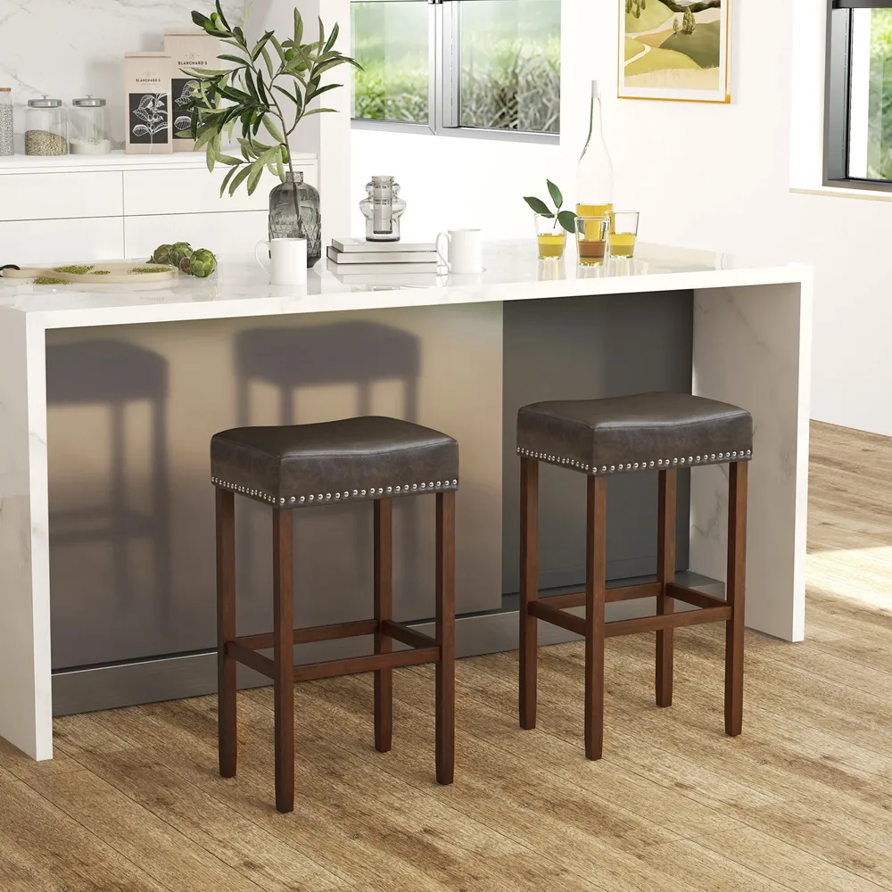 Bar Stool Set of 2 - Grey, PU Leather