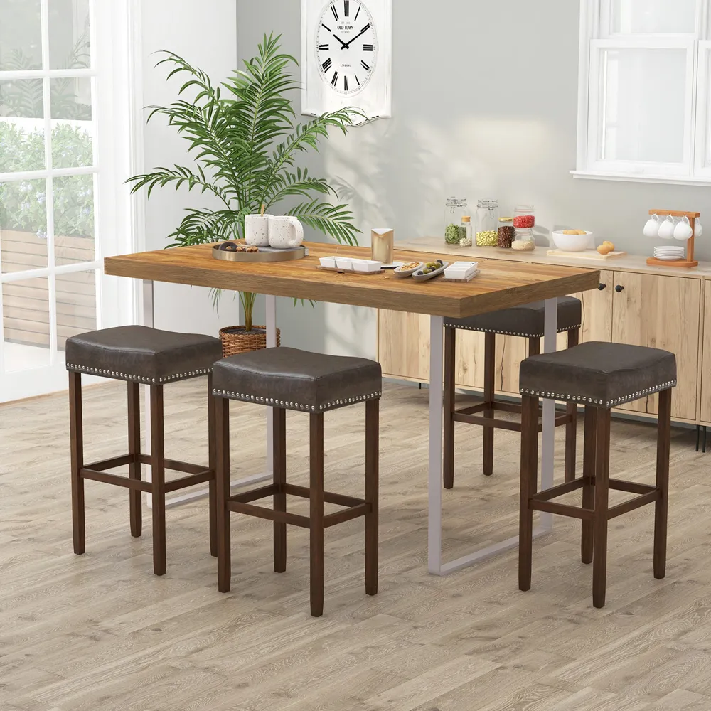 Bar Stool Set of 2 - Grey, PU Leather