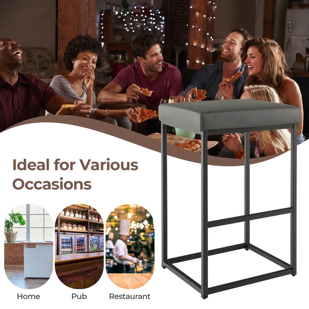 Bar Stool Set of 2 - Grey, PU Leather