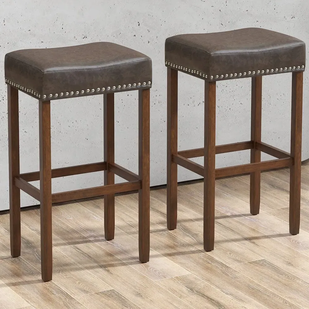 Bar Stool Set of 2 - Grey, PU Leather