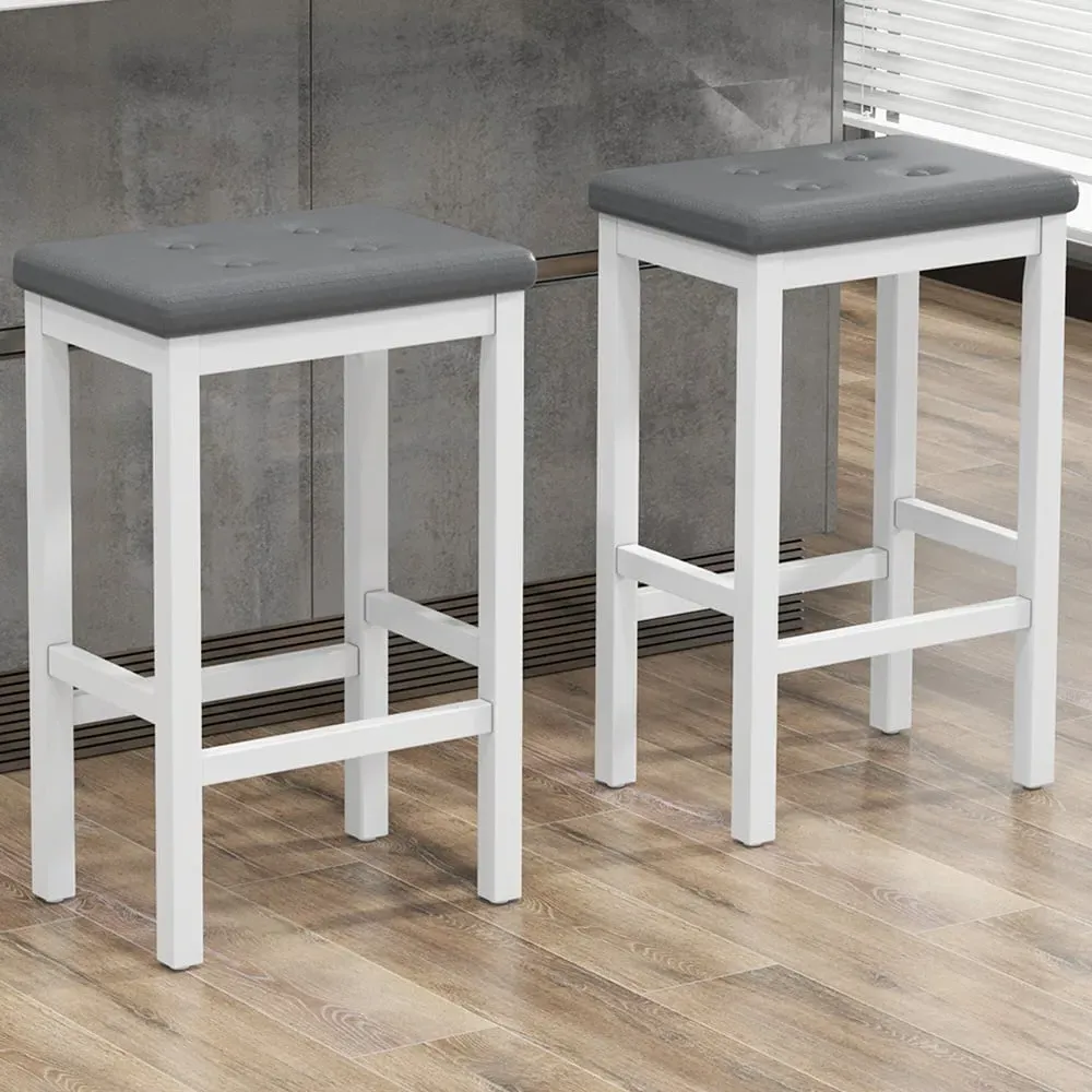 Bar Stool Set of 2 - White, Faux Leather