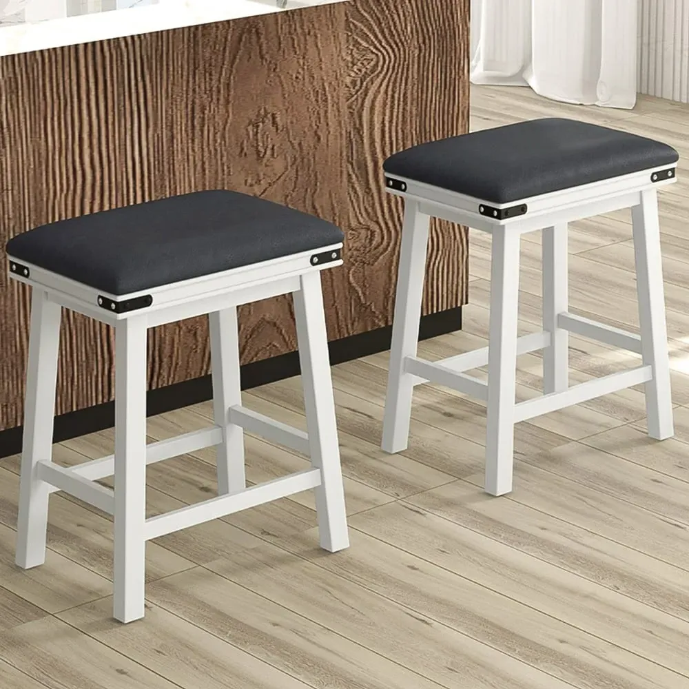 Bar Stool Set of 2 - White, PU Leather