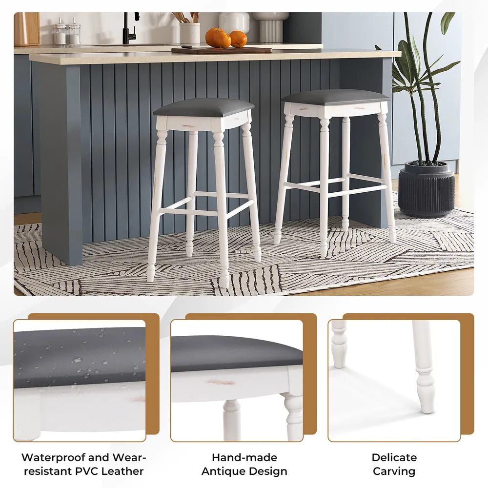 Bar Stool Set of 2 - White, Rubber Wood