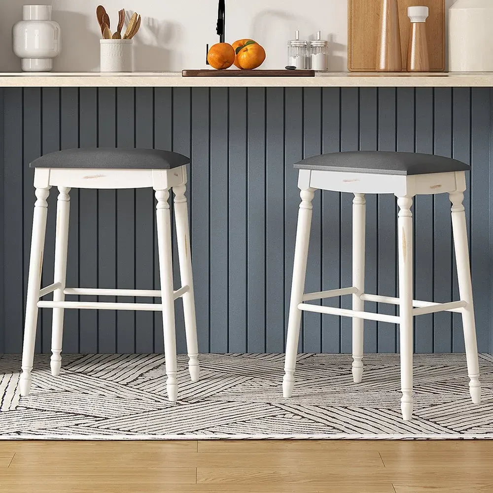 Bar Stool Set of 2 - White, Rubber Wood