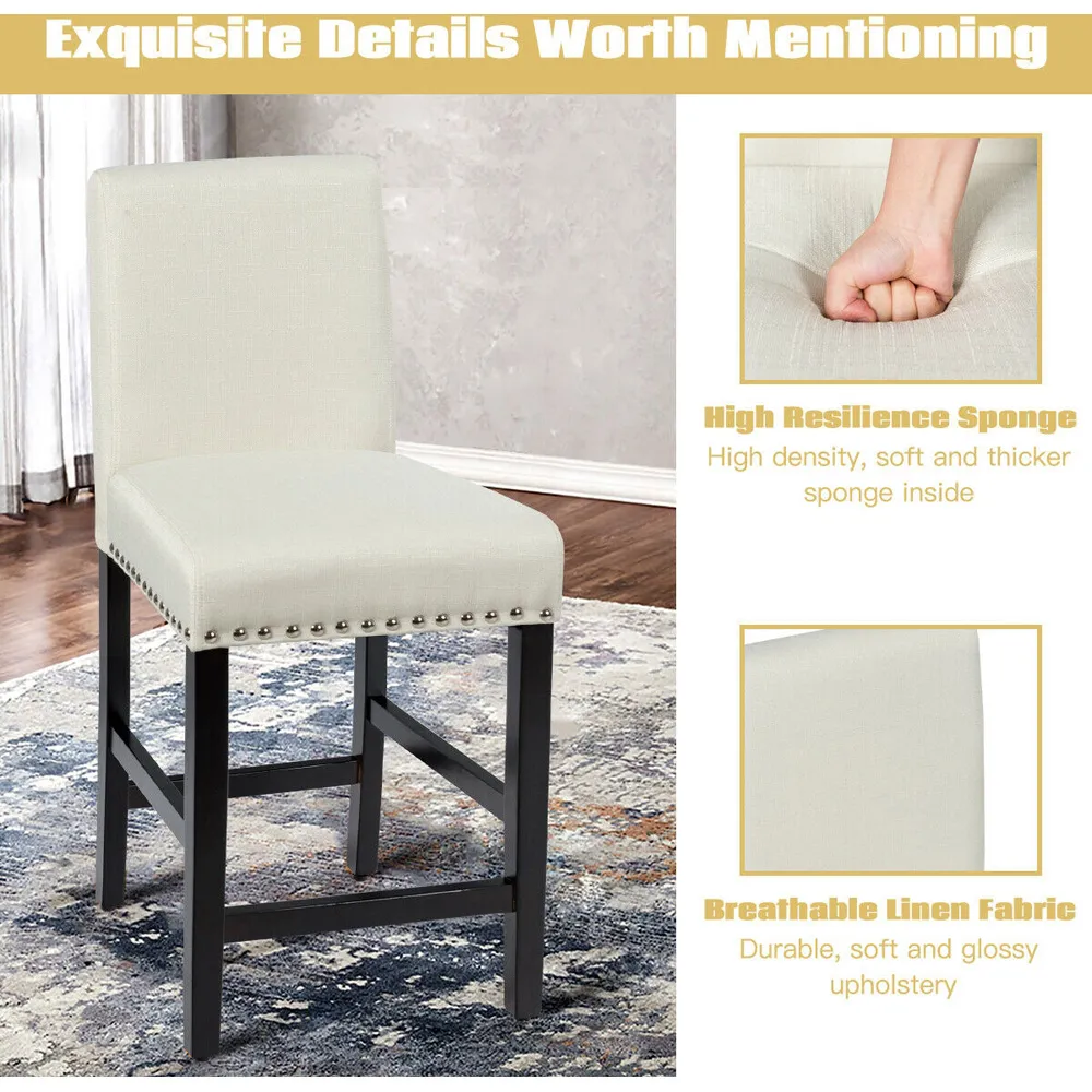 Bar Stool Set of 2 with Backrest - Beige, Fabric