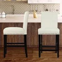 Bar Stool Set of 2 with Backrest - Beige, Fabric