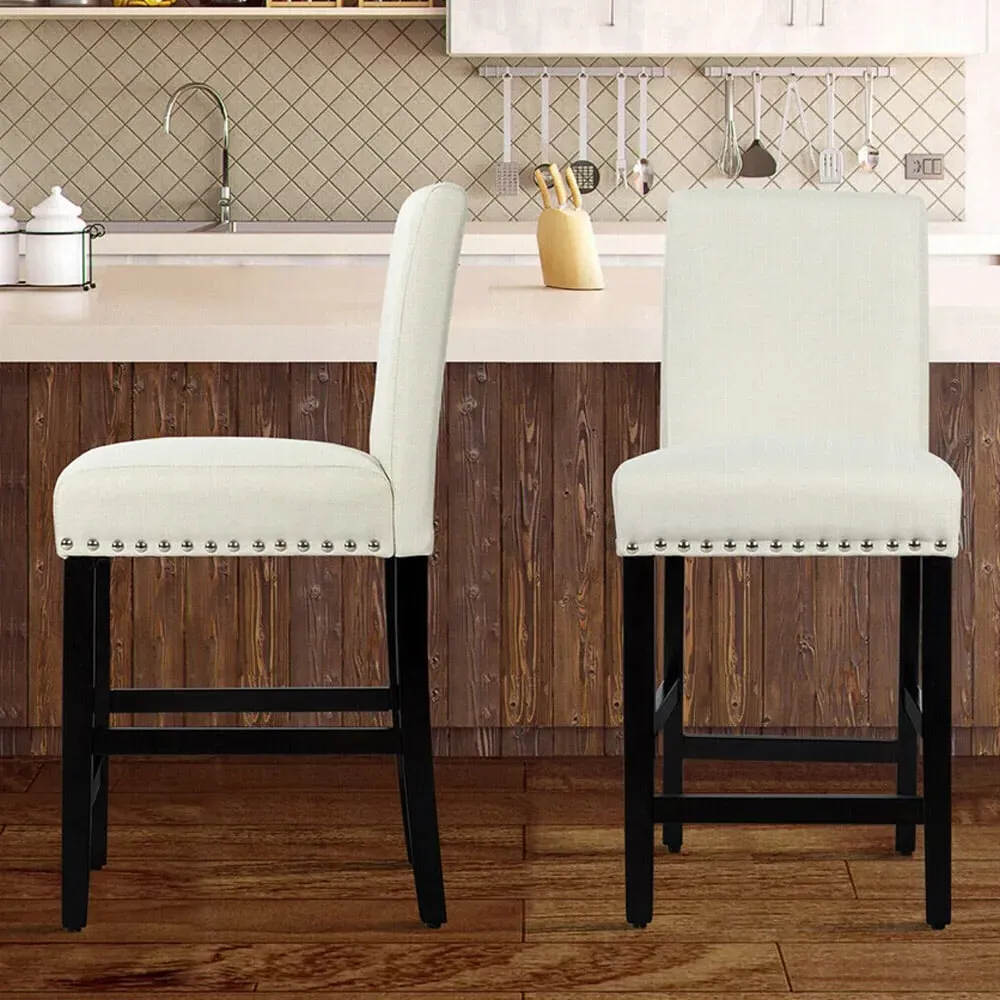 Bar Stool Set of 2 with Backrest - Beige, Fabric