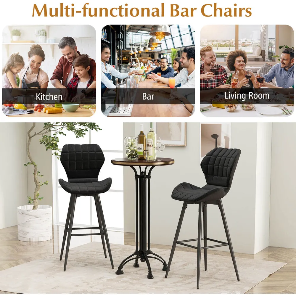 Bar Stool Set of 2 with Curved Backrest - Black