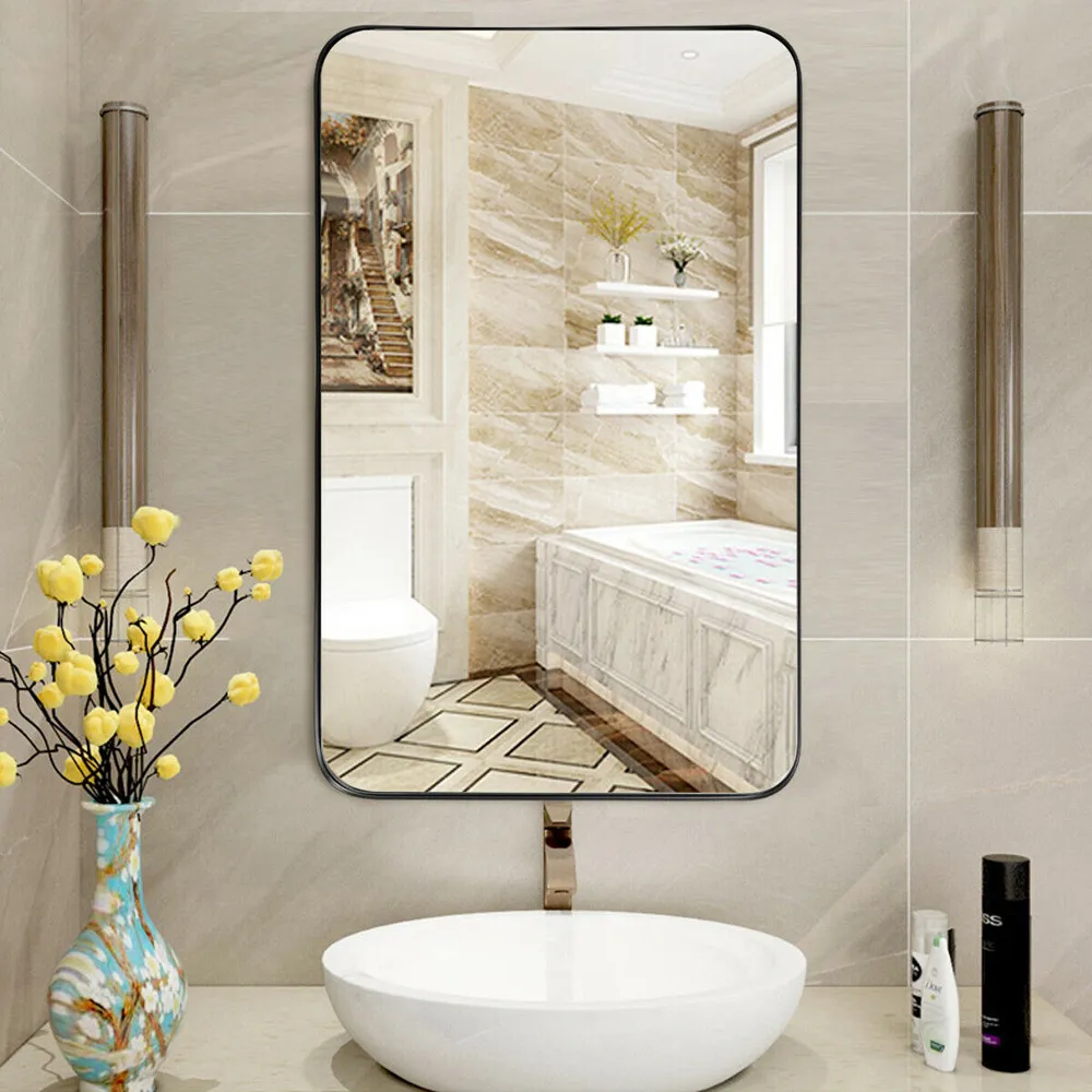 Bathroom Wall Mirror with Rounded Corner - Black