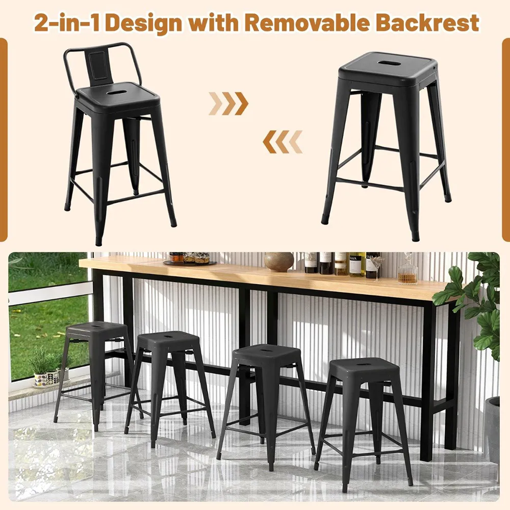 Black Metal Bar Stool with Removable Back Set of 4 - Black