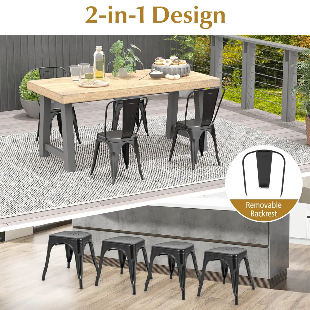 Black Metal High Back Bar Stool Set of 4 with Removable Backrest