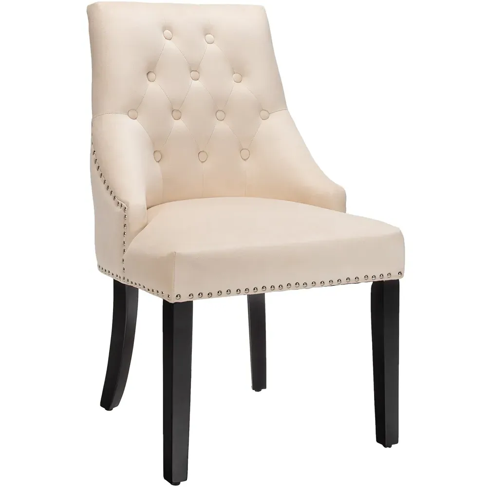 Button Tufted Velvet Studded Dining Chair - Cream