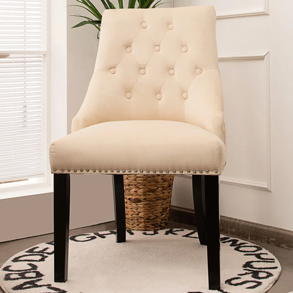 Button Tufted Velvet Studded Dining Chair - Cream image