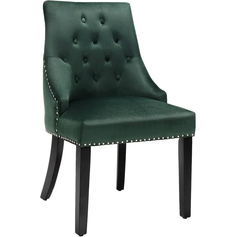 Button Tufted Velvet Studded Dining Chair - Green