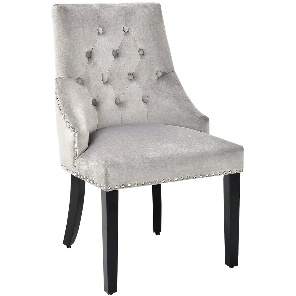 Button Tufted Velvet Studded Dining Chair - Grey
