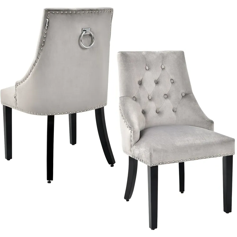 Button Tufted Velvet Studded Dining Chair - Grey