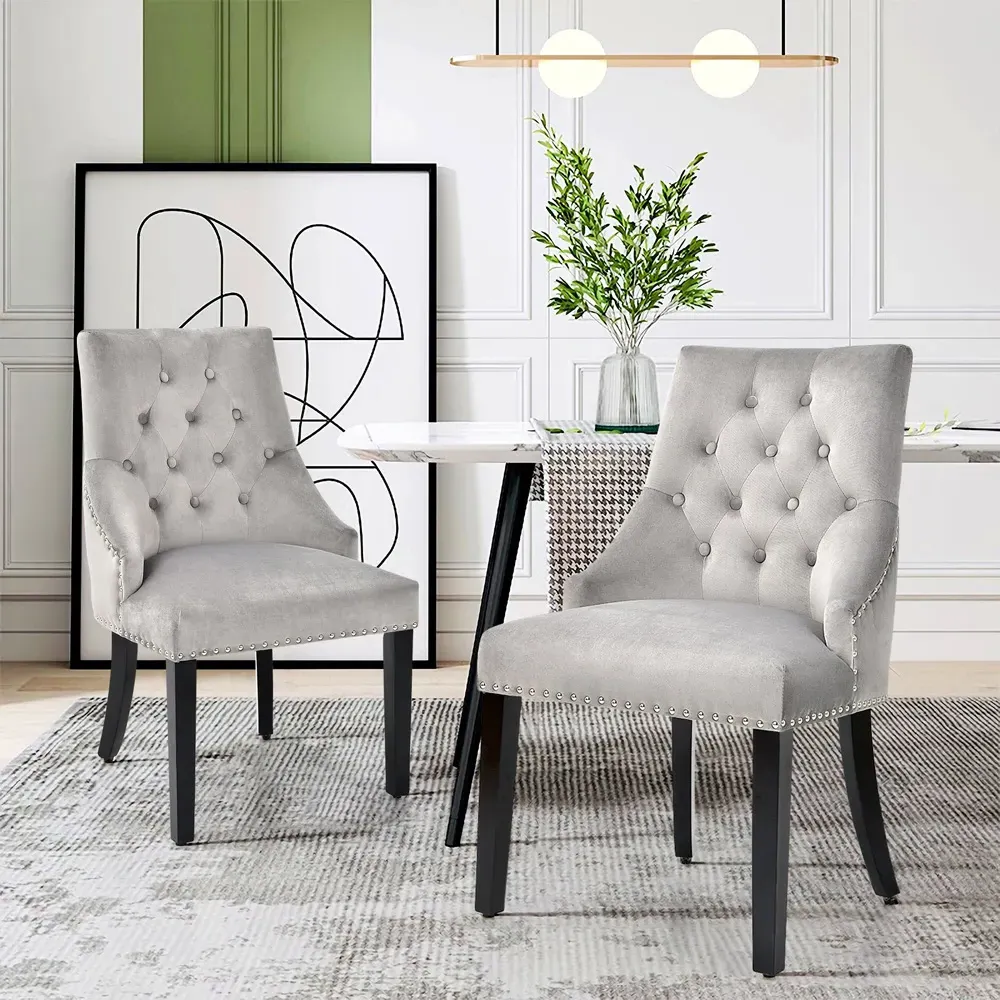 Button Tufted Velvet Studded Dining Chair - Grey