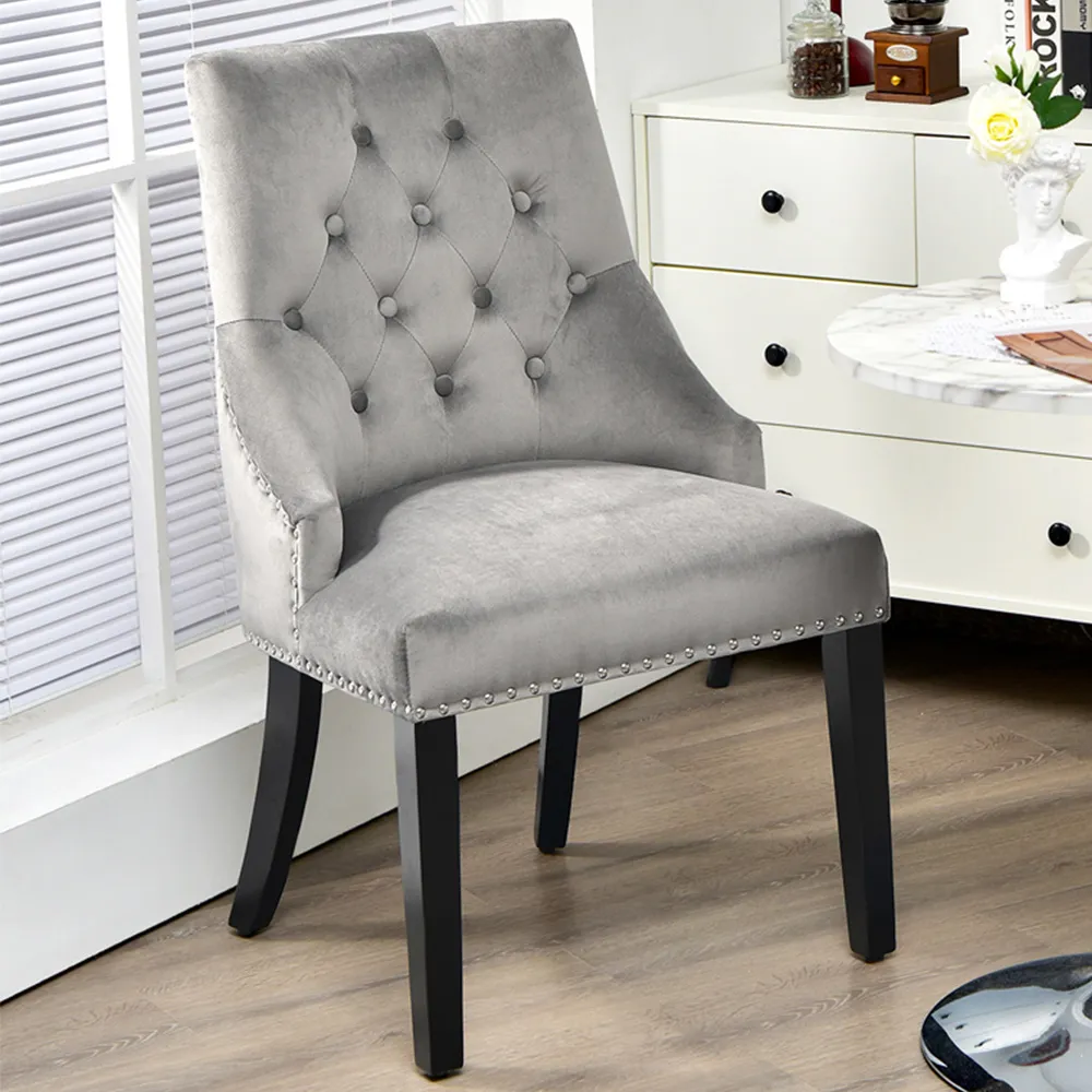Button Tufted Velvet Studded Dining Chair - Grey