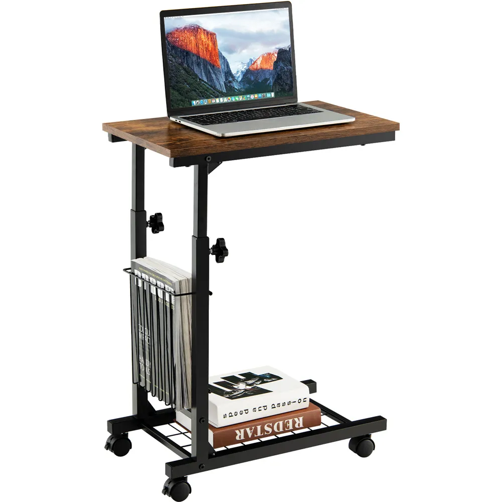 C Shape Adjustable End Table with Storage Basket - Brown