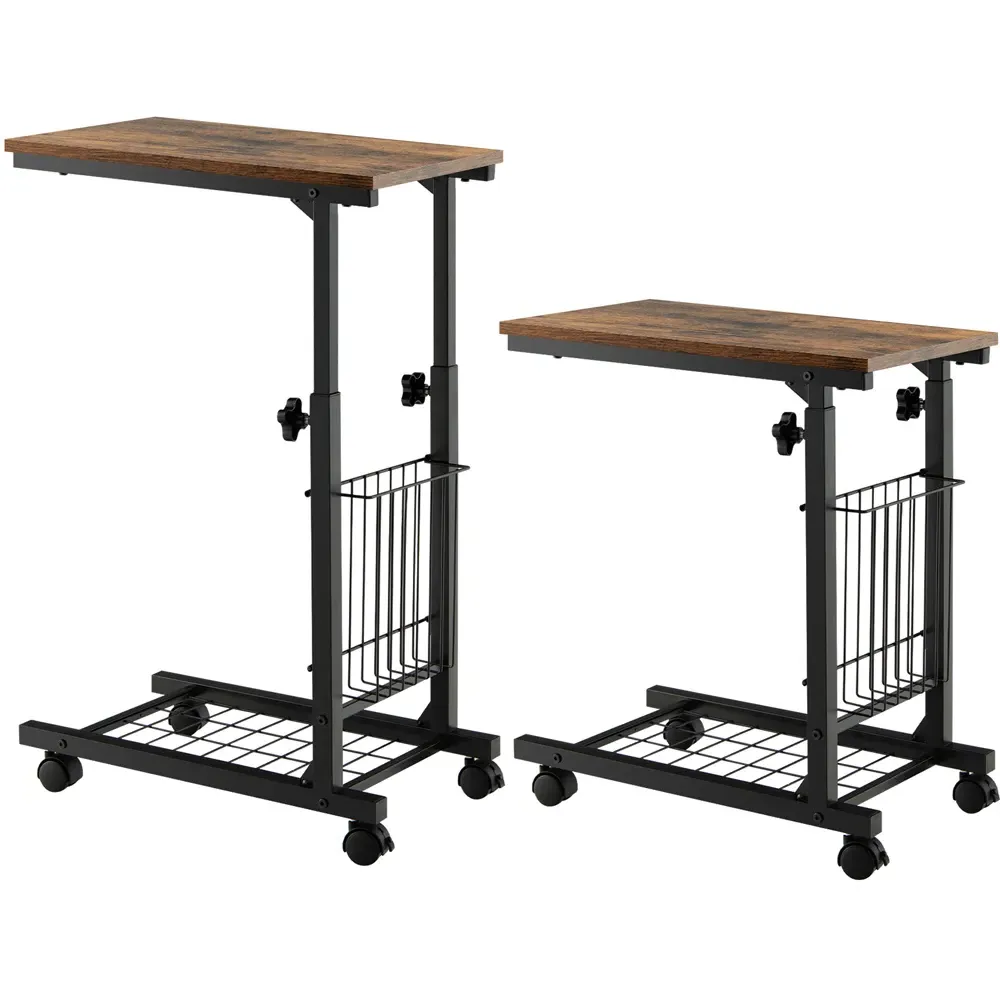 C Shape Adjustable End Table with Storage Basket - Brown