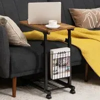C Shape Adjustable End Table with Storage Basket - Brown