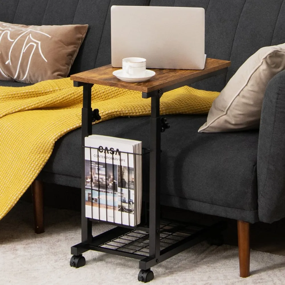 C Shape Adjustable End Table with Storage Basket - Brown image