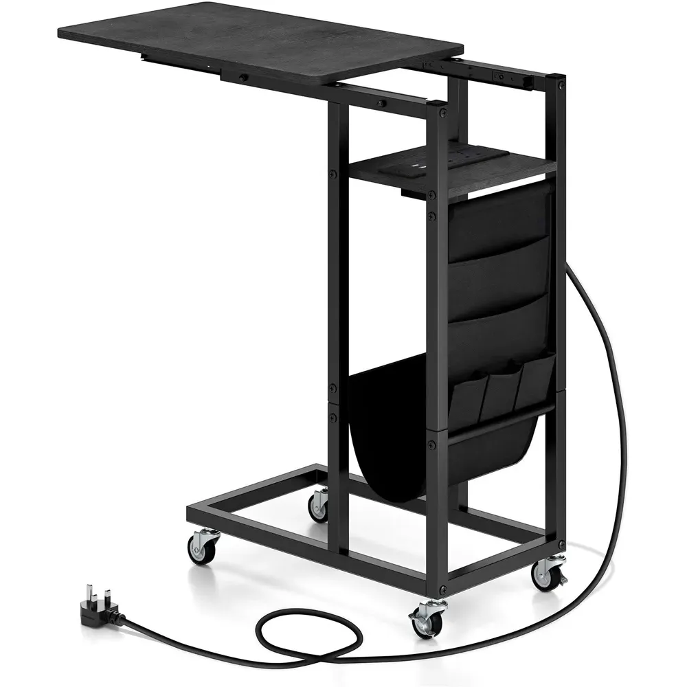 C-Shaped End Table Rolling with Charging Station - Black