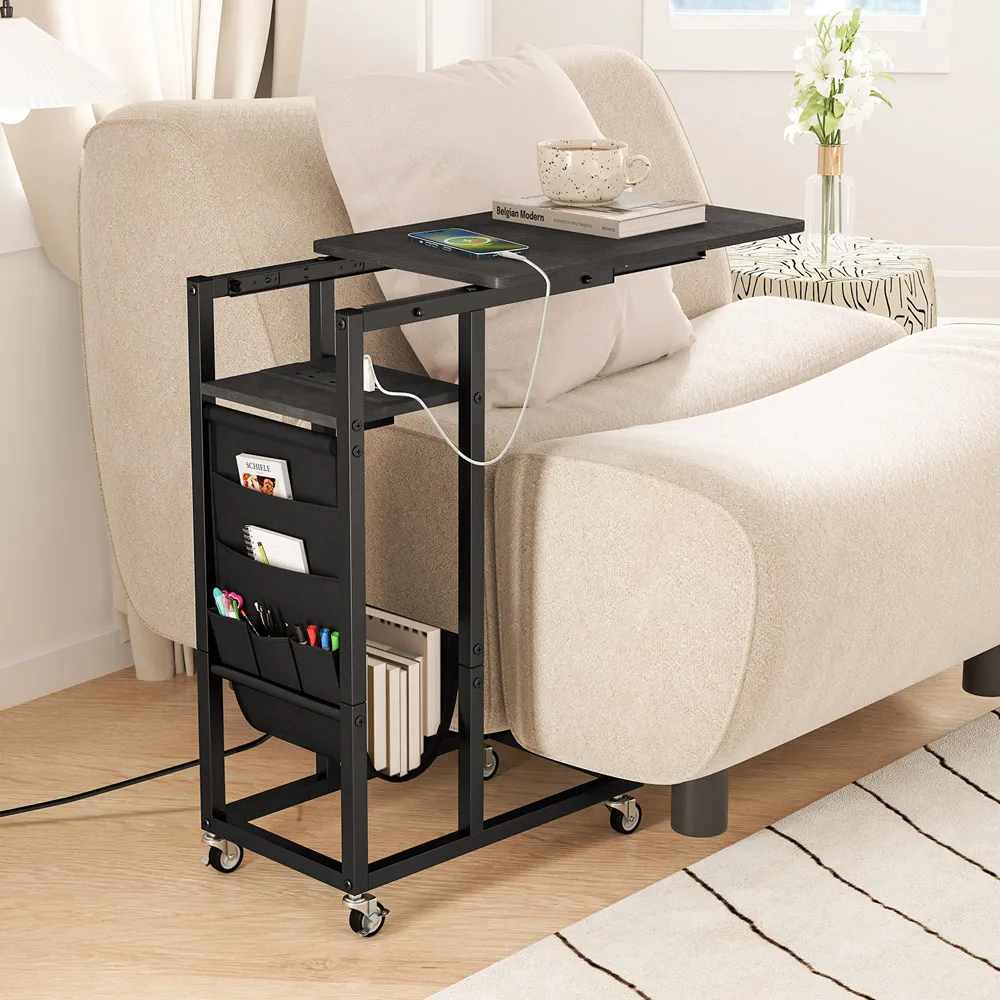 C-Shaped End Table Rolling with Charging Station - Black