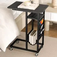 C-Shaped End Table Rolling with Charging Station - Black