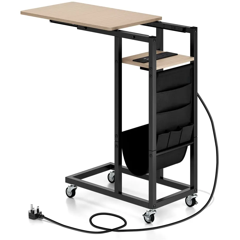 C-Shaped End Table Rolling with Charging Station - Brown