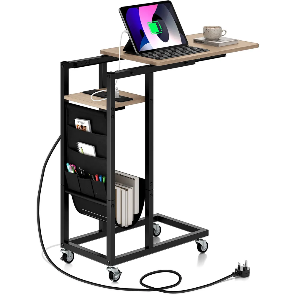 C-Shaped End Table Rolling with Charging Station - Brown