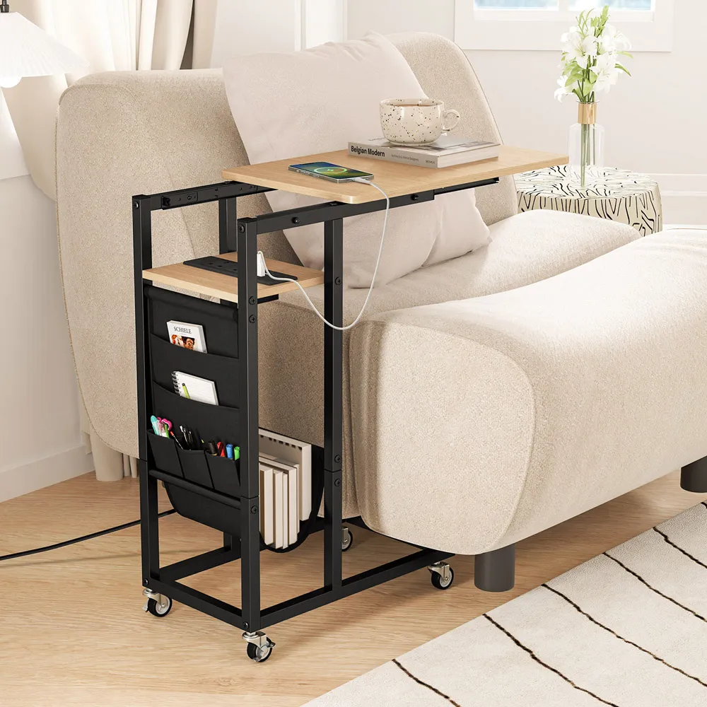 C-Shaped End Table Rolling with Charging Station - Brown