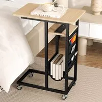 C-Shaped End Table Rolling with Charging Station - Brown