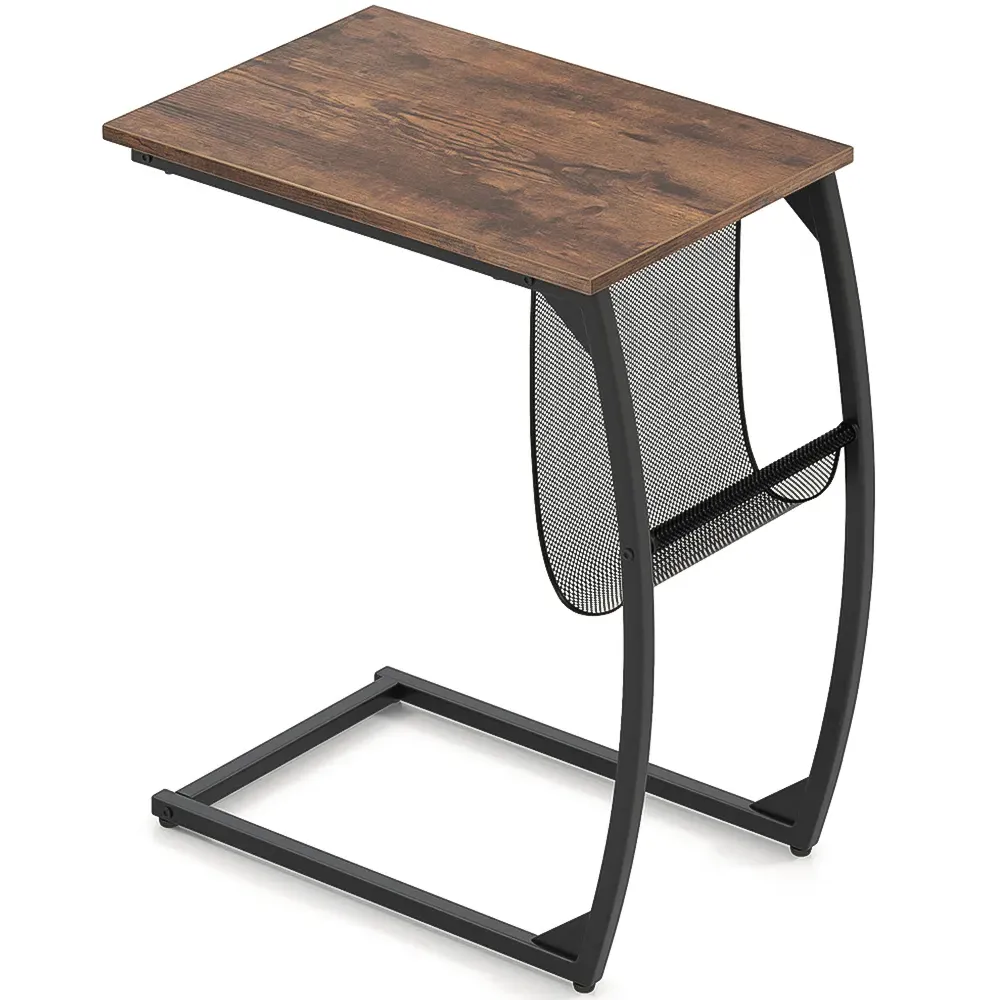 C-Shaped Sofa Side Table with Magazine Rack - Brown