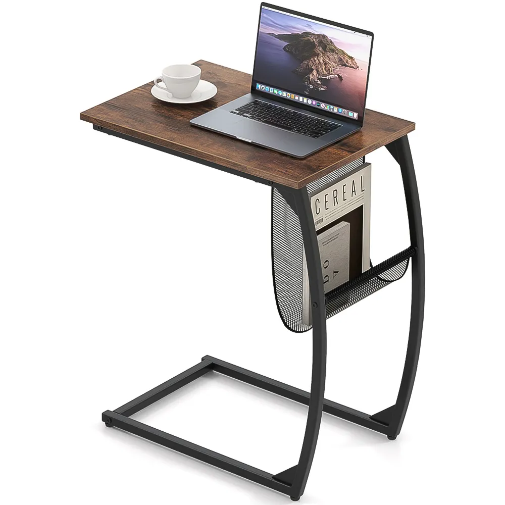 C-Shaped Sofa Side Table with Magazine Rack - Brown