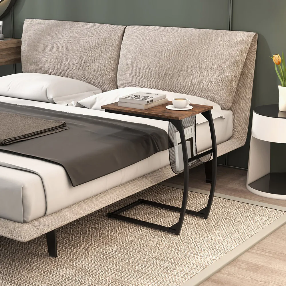 C-Shaped Sofa Side Table with Magazine Rack - Brown