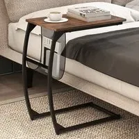 C-Shaped Sofa Side Table with Magazine Rack - Brown