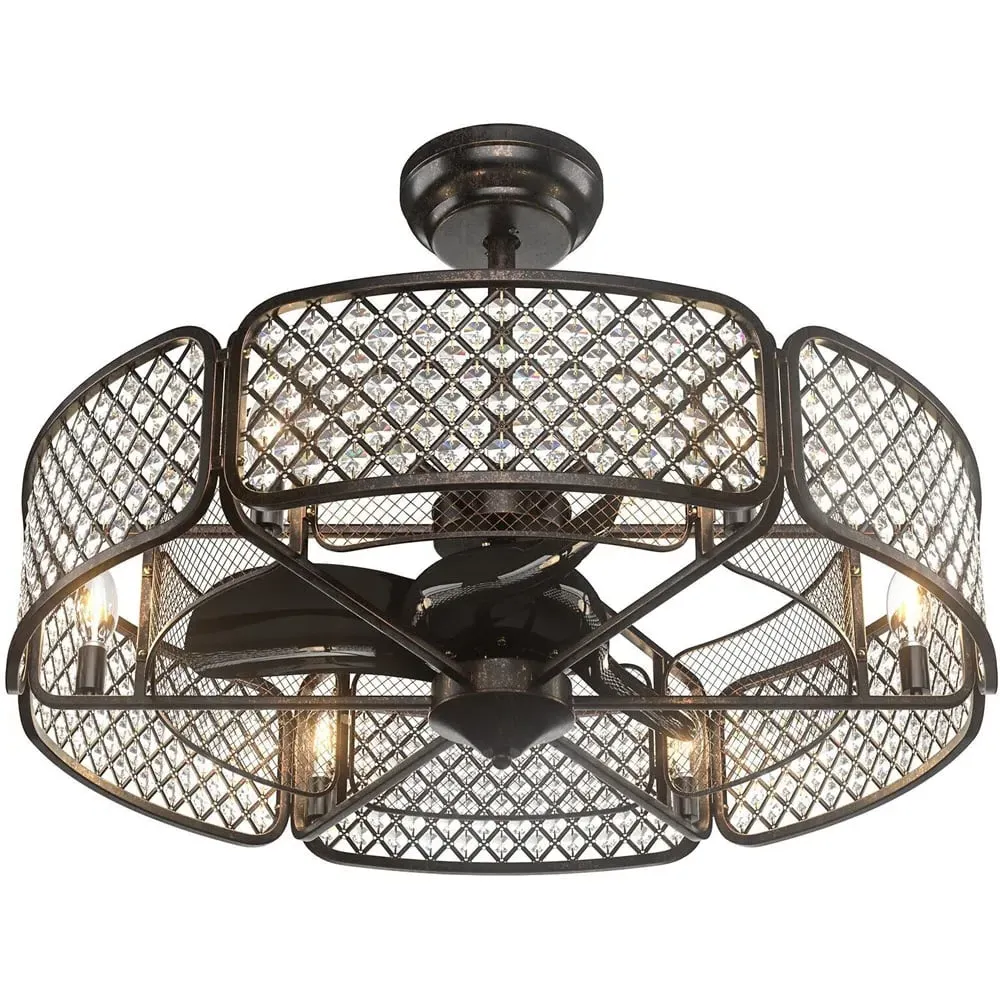 Caged Crystal Ceiling Fan Light - Coffee
