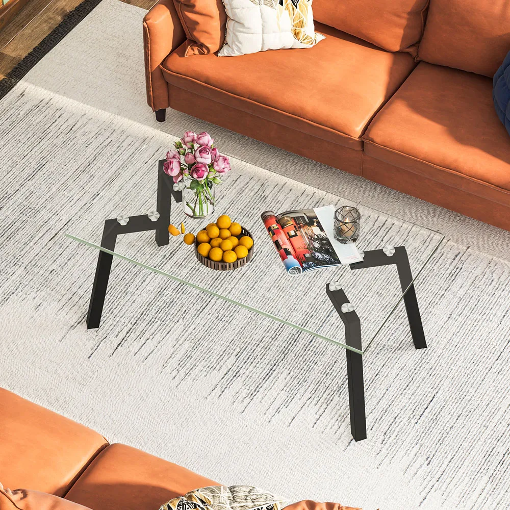 Coffee Table with Metal Legs - Black, Tempered Glass