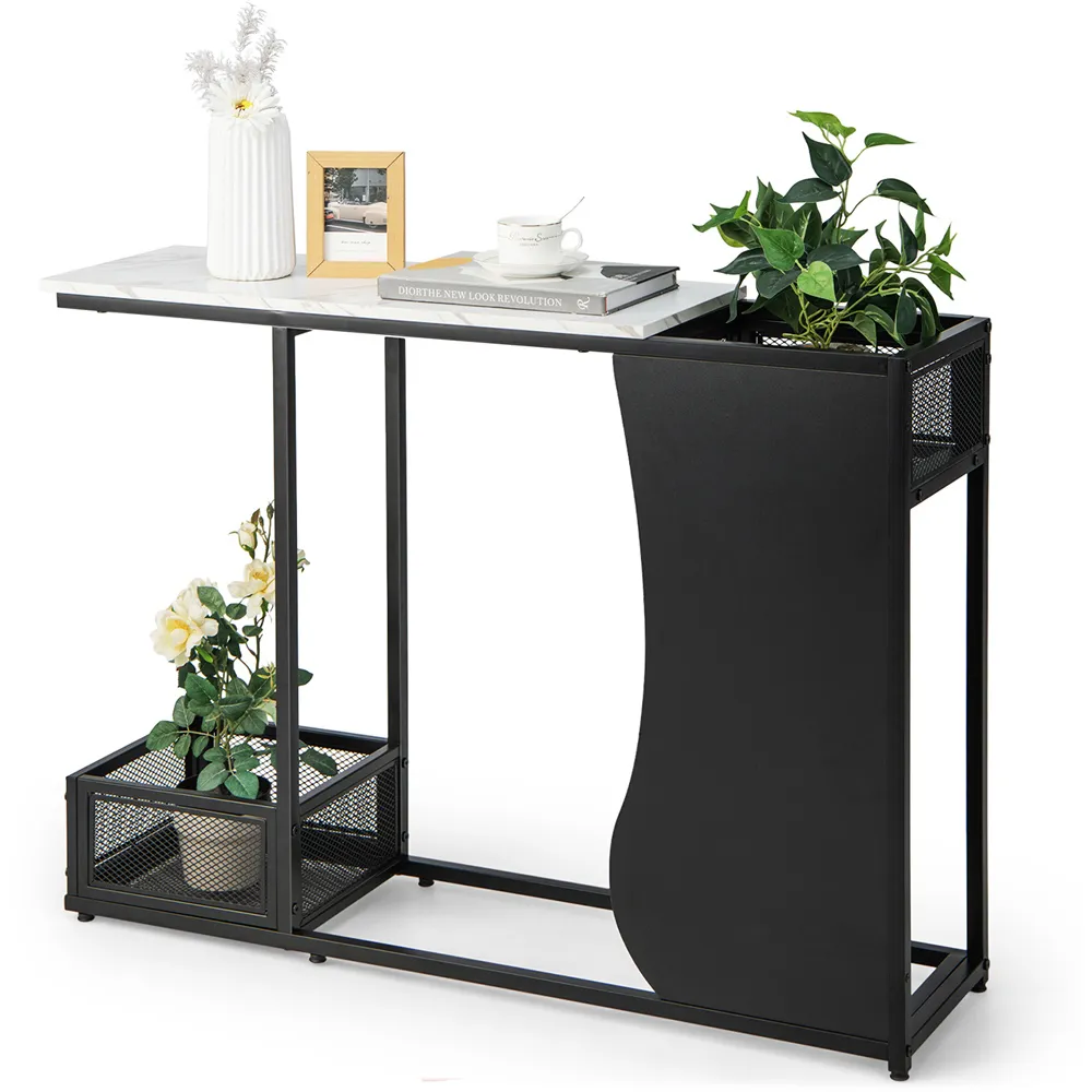 Console Table with 2 Mesh Storage - Black and White Marble