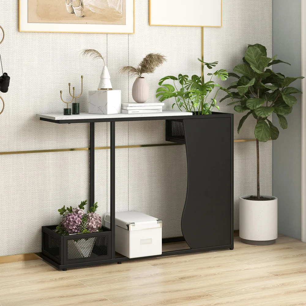Console Table with 2 Mesh Storage - Black and White Marble