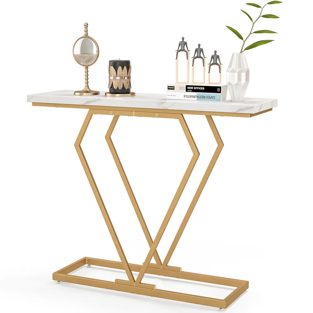 Console Table with Geometric Diamond Frame - Gold, White